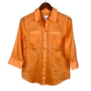 Chicos Breezy Twill Button Up Shirt Orange 3/4 Sleeves Women's 0 or S 4